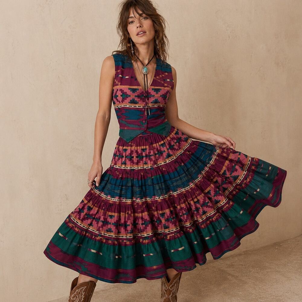 Vintage 80s Southwestern Square Dance Set XXS Boho Western Skirt Vest